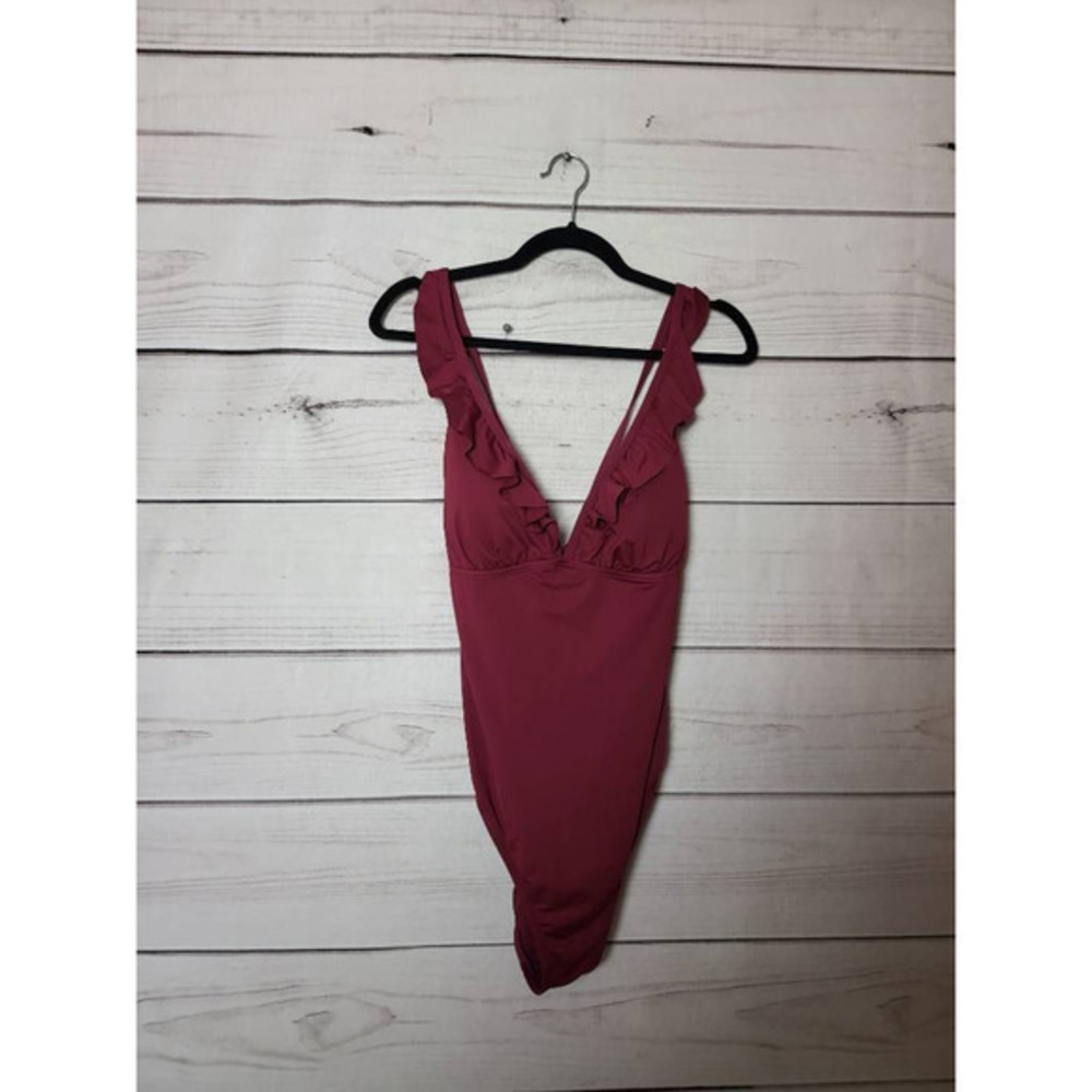 Shade & Shore Womens One Piece Swimsuit Burgundy Ruffle V Neck Bathing Suit L